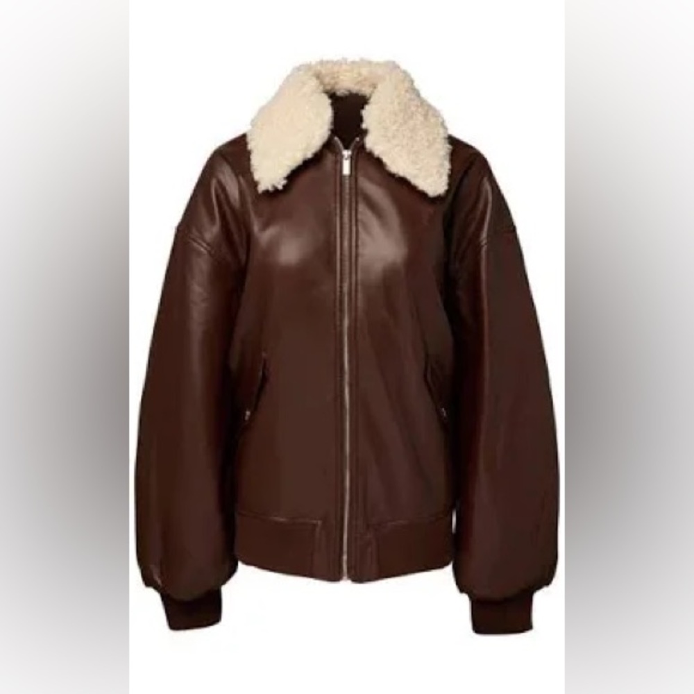 WeWoreWhat Chocolate Leather Jacket with Shearling Collar